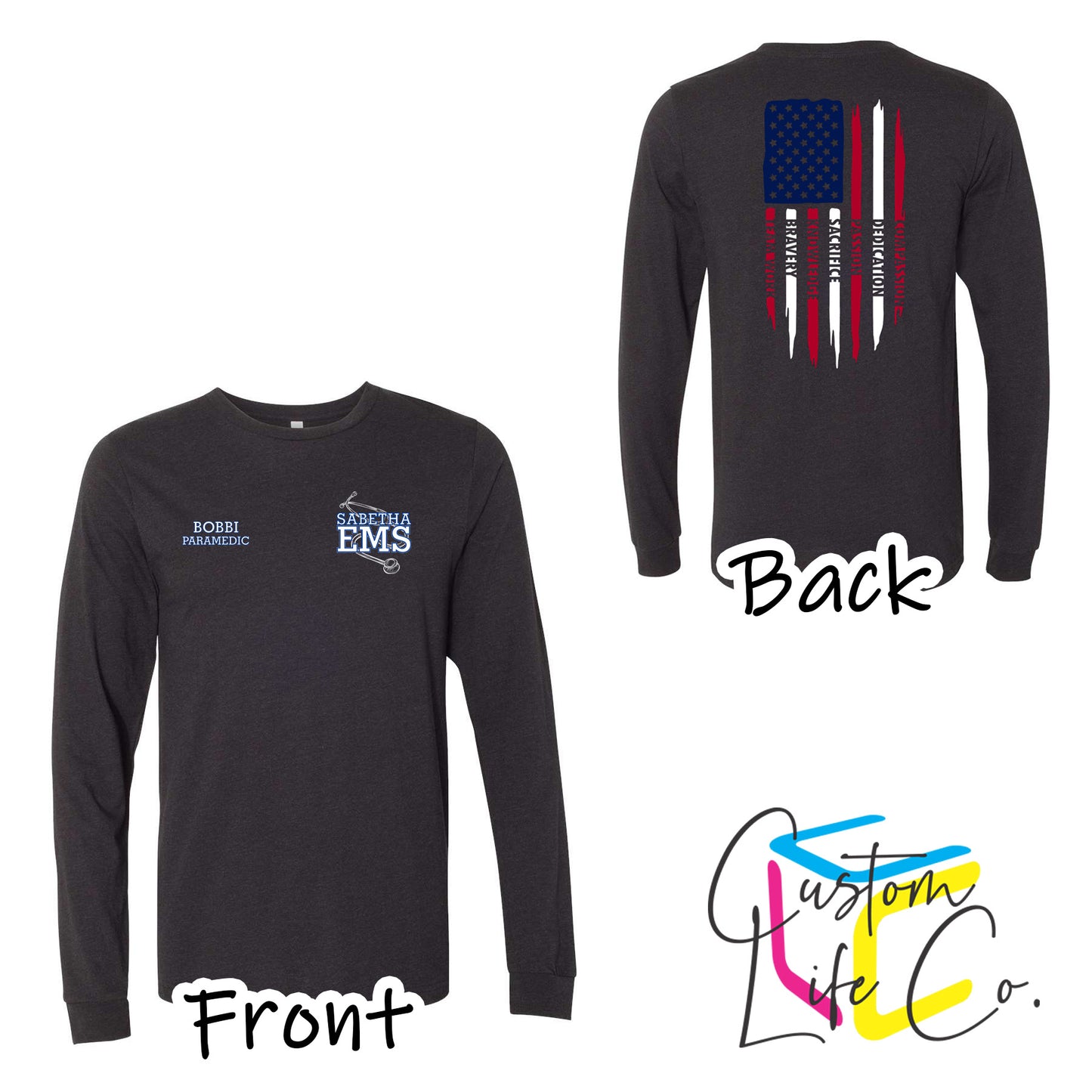 Sabetha EMS Long Sleeve T-Shirt with American Flag - Bella+Canvas