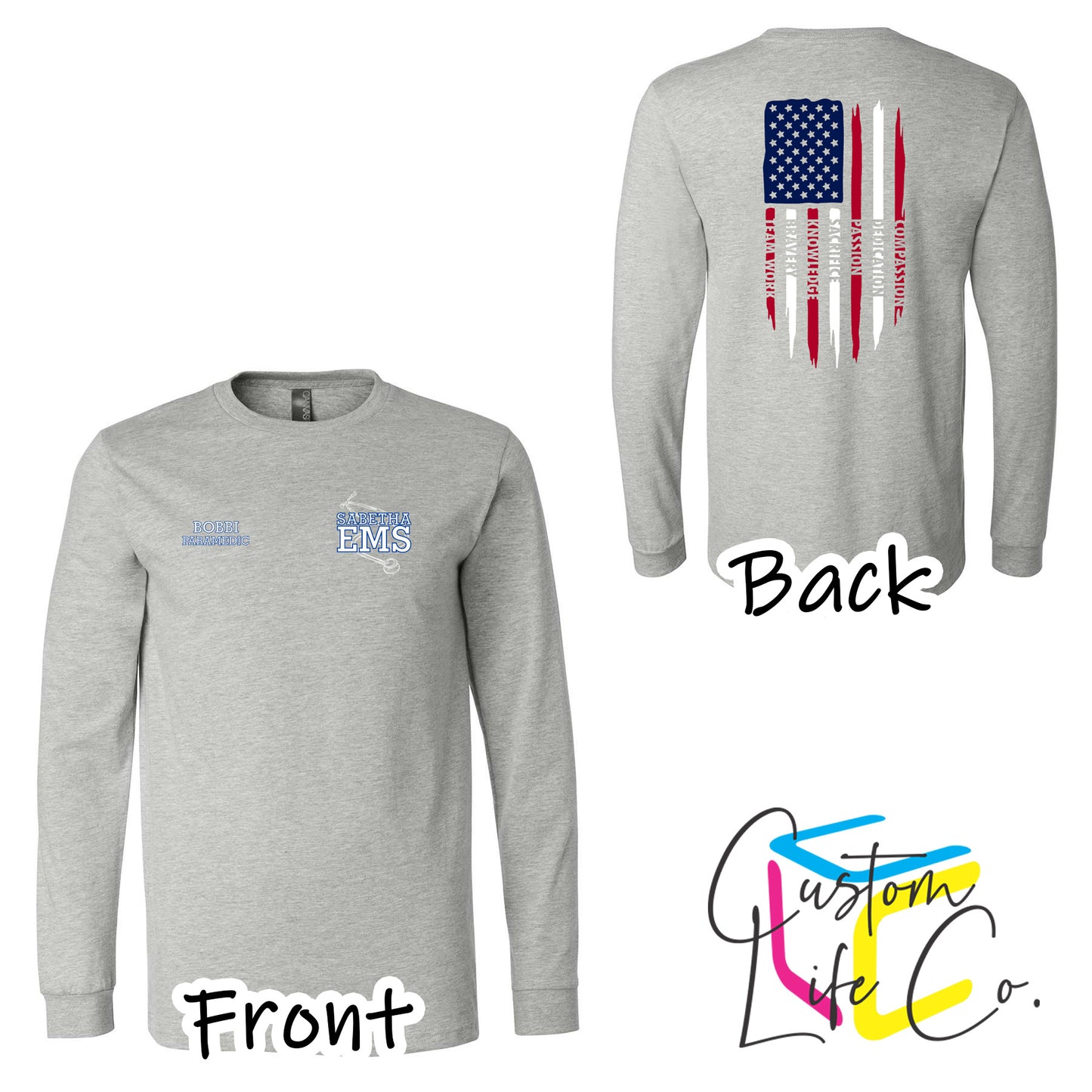 Sabetha EMS Long Sleeve T-Shirt with American Flag - Bella+Canvas