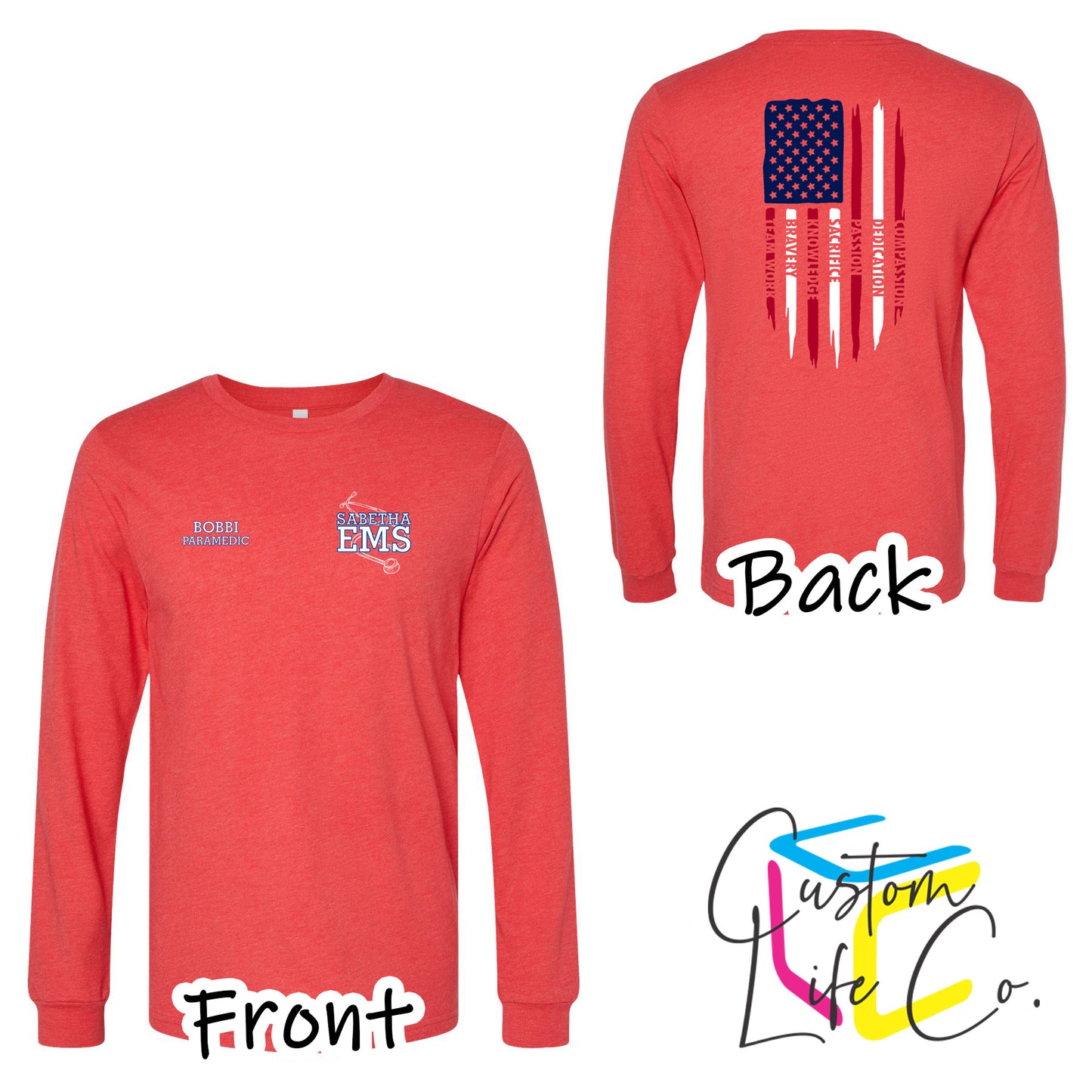 Sabetha EMS Long Sleeve T-Shirt with American Flag - Bella+Canvas