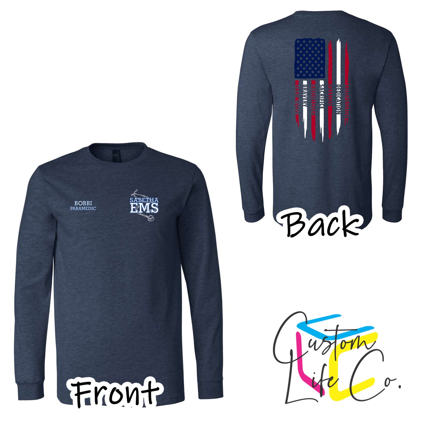 Sabetha EMS Long Sleeve T-Shirt with American Flag - Bella+Canvas