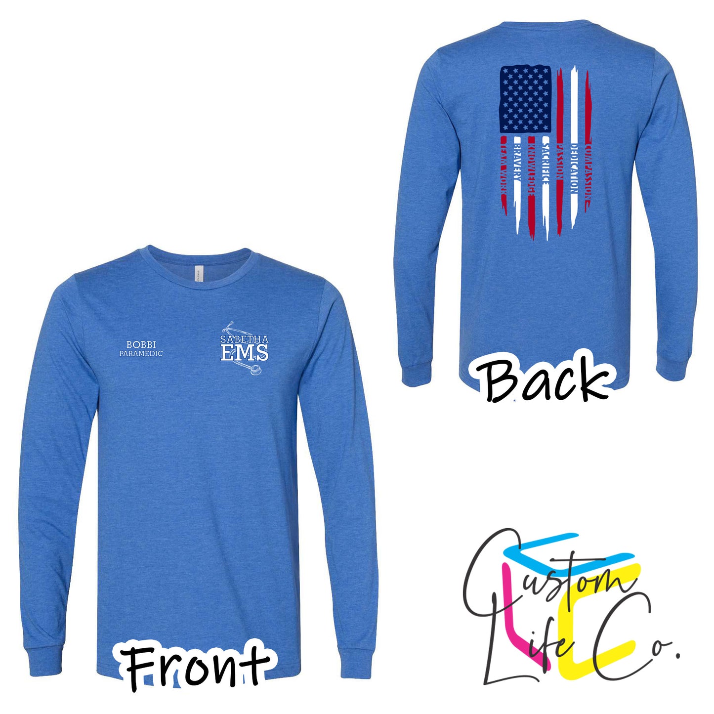 Sabetha EMS Long Sleeve T-Shirt with American Flag - Bella+Canvas